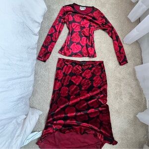 Red Floral Velvet Two-Piece Skirt Set
